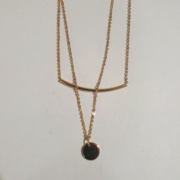 Gold-tone Layered Necklace - Sleek Bar & Round Disc Charm - Women's Jewelry - Picture 4 of 6